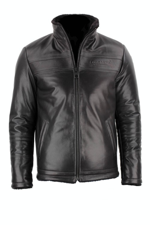 TMKS450 - Czarna pilotka skórzana męska podszyta kożuchem ekologicznym z wysoką ocieplaną stójką sklep CarloMonti.com