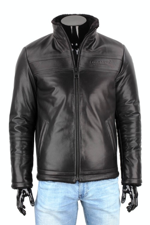 TMKS450 - czarna pilotka skórzana męska z kożuchem i stójką