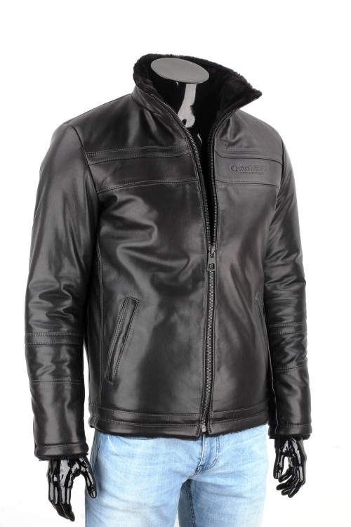 TMKS450 - czarna pilotka skórzana męska z kożuchem i stójką