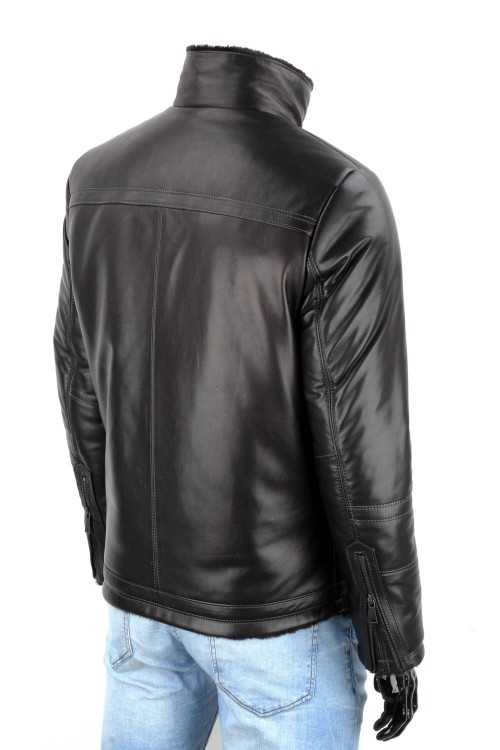 TMKS450 - czarna pilotka skórzana męska z kożuchem i stójką