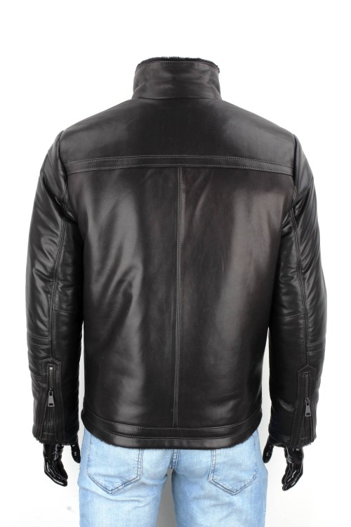TMKS450 - czarna pilotka skórzana męska z kożuchem i stójką