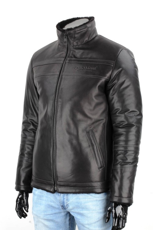 TMKS450 - czarna pilotka skórzana męska z kożuchem i stójką