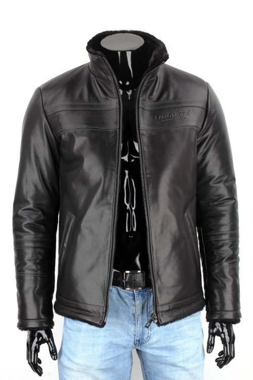 TMKS450 - czarna pilotka skórzana męska z kożuchem i stójką