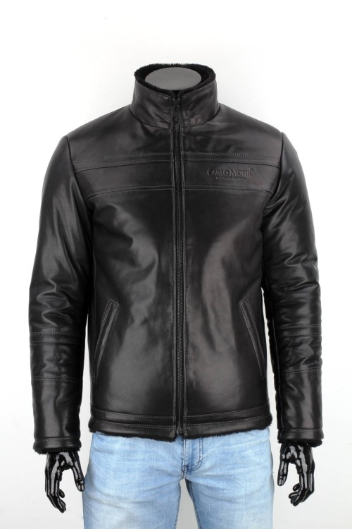 TMKS450 - czarna pilotka skórzana męska z kożuchem i stójką