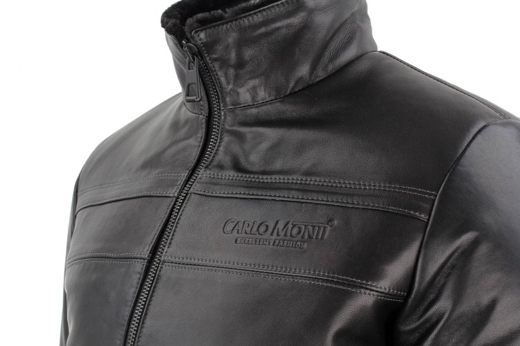 TMKS450 - czarna pilotka skórzana męska z kożuchem i stójką