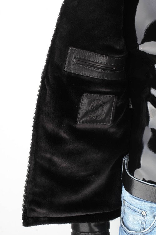 TMKS450 - czarna pilotka skórzana męska z kożuchem i stójką