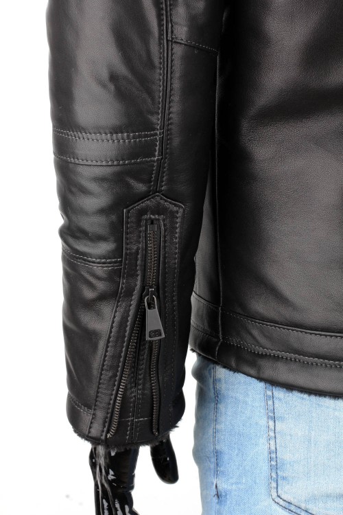 TMKS450 - czarna pilotka skórzana męska z kożuchem i stójką