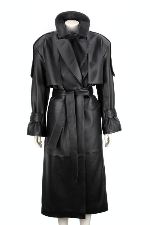 OKS450 - Czarny płaszcz skórzany damski typu oversize
