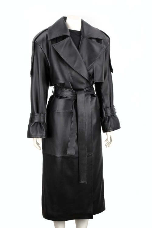 OKS450 - Czarny płaszcz skórzany damski typu oversize