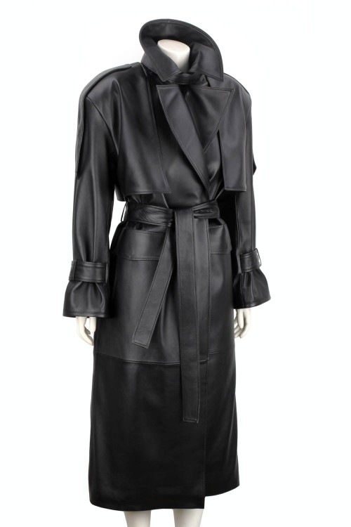 OKS450 - Czarny płaszcz skórzany damski typu oversize