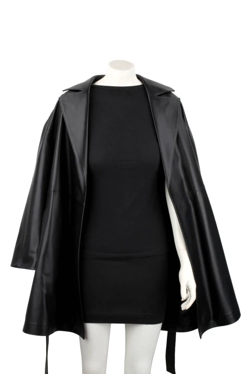 FLO450 - Czarny płaszcz skórzany damski oversize ze skóry naturalnej