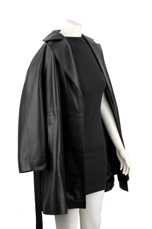 FLO450 - Czarny płaszcz skórzany damski oversize ze skóry naturalnej