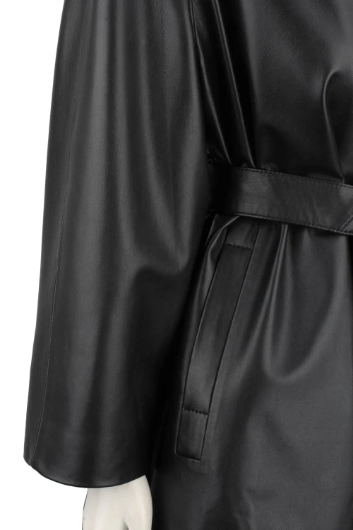 FLO450 - Czarny płaszcz skórzany damski oversize ze skóry naturalnej