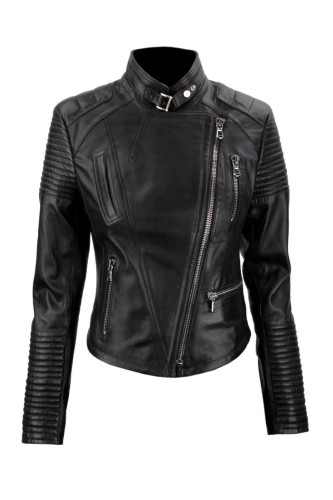 ELI450 - Damska ramoneska skórzana w stylu biker z czarnej skóry naturalnej, z gęstymi pikowaniami na ramionach i rękawach  sklep CarloMonti.com