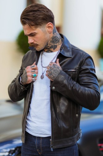 KCR450 - katana skórzana męska w stylu kurtki jeansowej, wykonana z czarnej skóry licowej owczej sklep CarloMonti.com