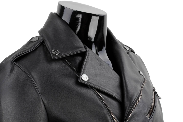 LECH950 - Czarna Męska Ramoneska Skórzana biker z paskiem