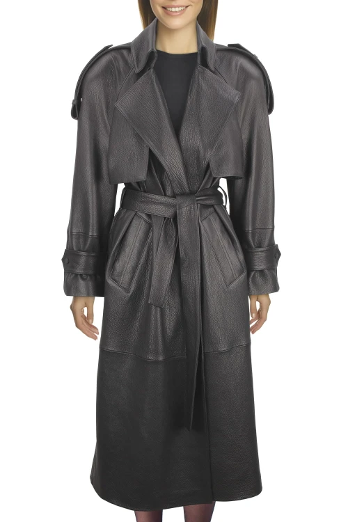 LIL951ML to ekskluzywny płaszcz skórzany damski najwyższej jakości w modnym fasonie oversize ze stylowymi dodatkami sklep CarloMonti.com