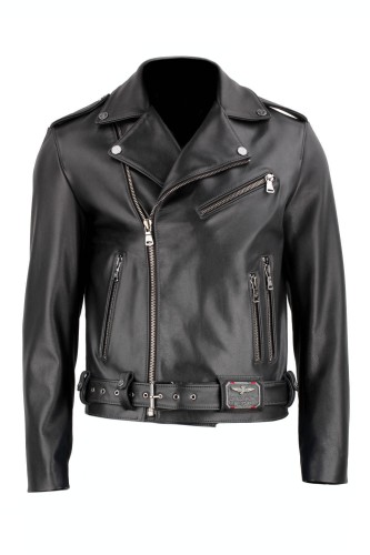 LECH950 Czarna Męska Ramoneska Skórzana biker z paskiem w talii, zapinana saymetrycznie na metalowy zamek, klasyczne klapy sklep CarloMonti.com