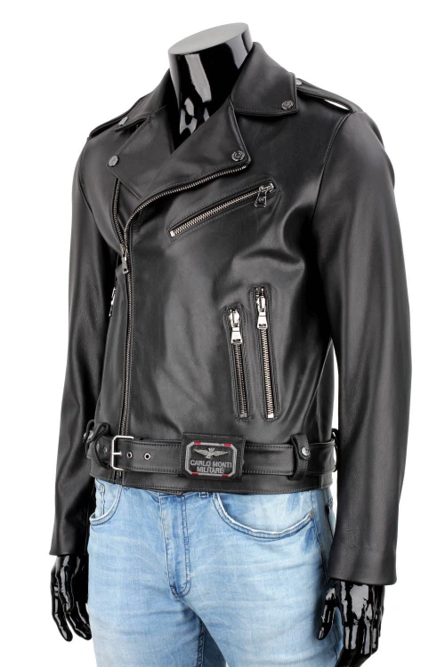 LECH950 - Czarna Męska Ramoneska Skórzana biker z paskiem