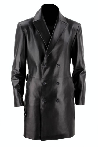 WIN450 - Elegancki dwurzędowy płaszcz skórzany męski z klasycznym kołnierzem, zapinany na guziki, z pasem w talii sklep CarloMonti.com