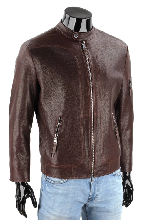 Brązowa kurtka skórzana męska typu biker ze skóry PREMIUM