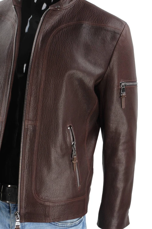 Brązowa kurtka skórzana męska typu biker ze skóry PREMIUM