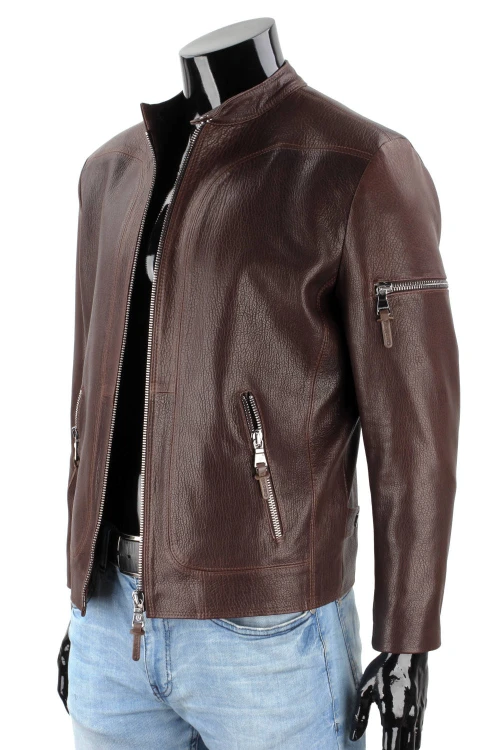 Brązowa kurtka skórzana męska typu biker ze skóry PREMIUM