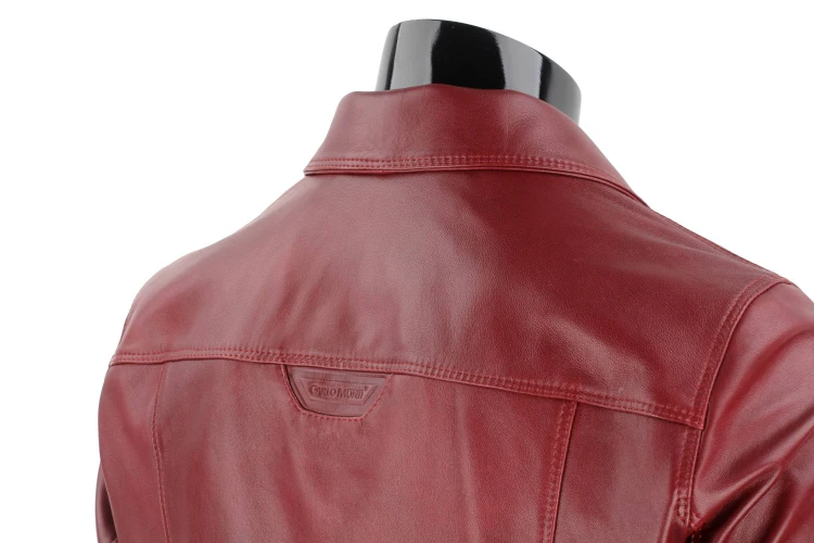 KTM466 Bordowa kurtka skórzana męska w stylu katany jeansowej