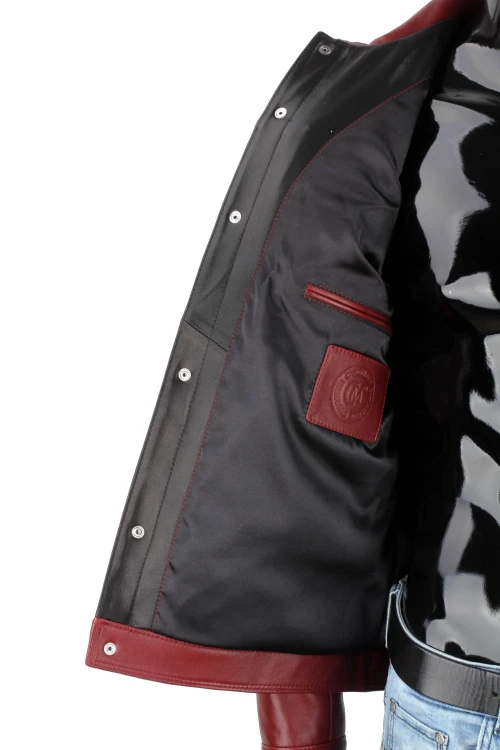KTM466 Bordowa kurtka skórzana męska w stylu katany jeansowej