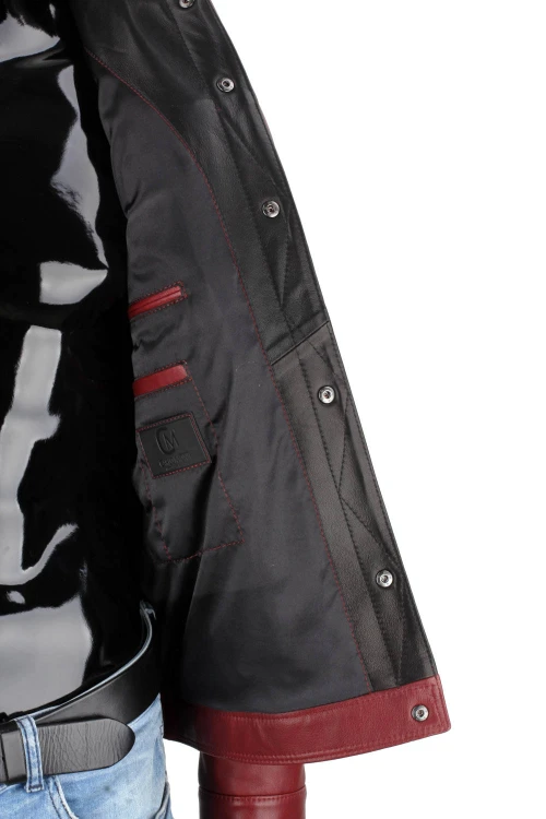 KTM466 Bordowa kurtka skórzana męska w stylu katany jeansowej